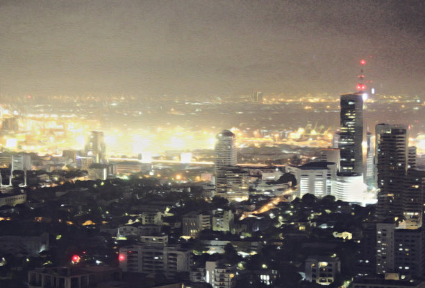 抽象灯光与办公楼夜间水彩插画背景。