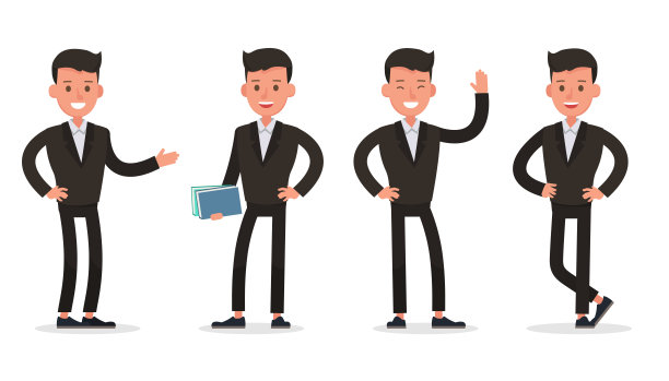 商业人物性格矢量设计。在各种行动和工作中的表现。