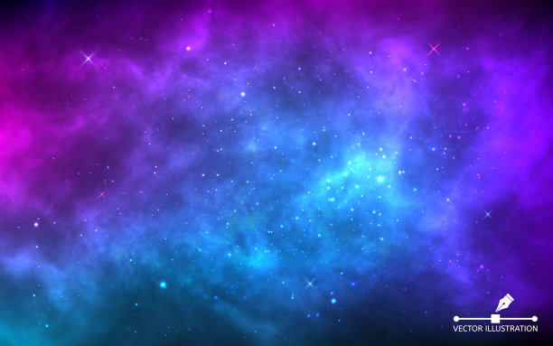 空间背景与星尘和闪烁的星星。逼真多彩的宇宙与星云和银河系。蓝色星系背景。美丽的外太空。无限的宇宙。矢量图