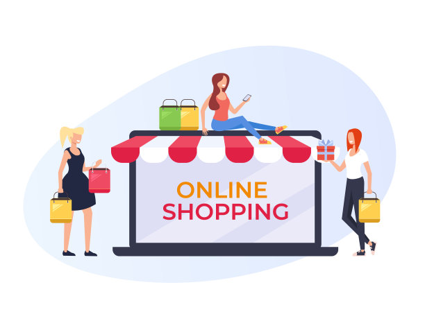 快乐的微笑女人的性格在网上商店购物。互联网购物横幅海报网页概念。矢量平面设计卡通插图