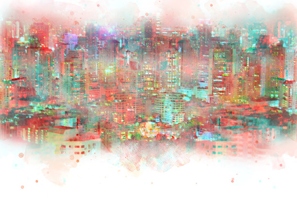 抽象办公大楼以城市夜间水彩画为背景。城市上的数字插画刷艺术。