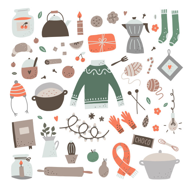 Hygge生活方式矢量插图上的白色背景。舒适的东西和物品的家庭室内和冬季假期