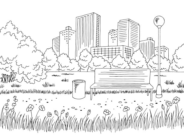 公园图形黑白城市景观素描插图矢量