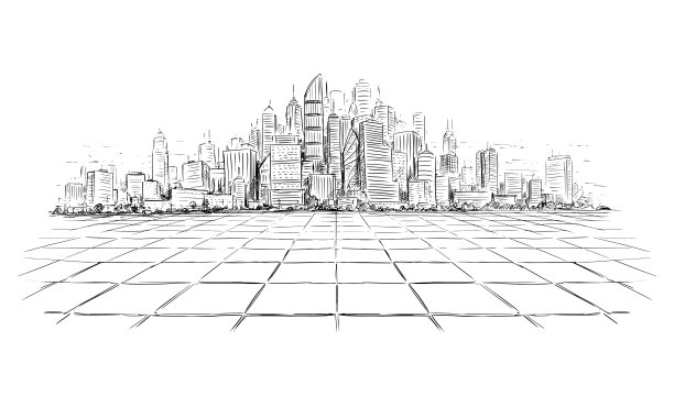 一般城市高层城市景观景观与摩天大楼景观，从空砖地板看