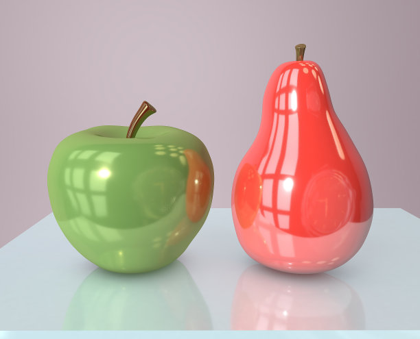 苹果和梨的3d插画创意静物在粉红色的房间玻璃桌子上模仿白天的光线
