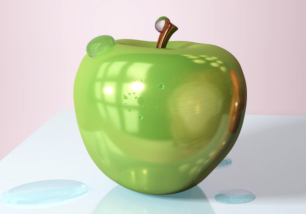 绿色苹果表面水滴的3d插画创意静物画在粉色房间的玻璃桌子上，模仿白天的光线