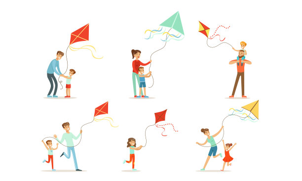 大人和小孩都在放风筝。矢量图集