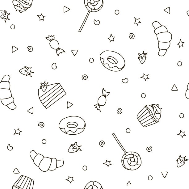 手绘糖果和糖果图案。向量的涂鸦。白色背景上孤立的食物。无缝纹理。纸杯蛋糕、蛋糕、甜甜圈等。黑色和白色。