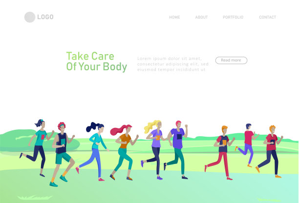 登陆页面模板与跑步组的人，做锻炼的人，夫妇在日落跑步。生活健康有好处的概念。从事户外运动的人们。卡通