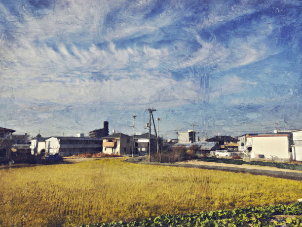 以城市抽象的色彩建筑为背景绘制水彩插画。
