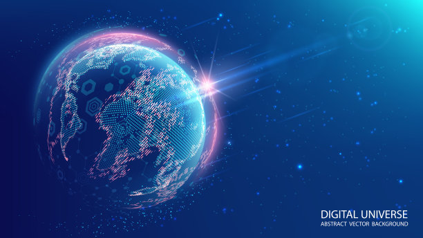 来自太空的蓝色星球地球。向量。大陆地图。全球通信系统和万维网。技术和通信。全球化。发光的球体。