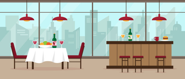 现代餐厅和酒吧内部有大的全景窗口和城市景观。室内概念矢量插图或背景。