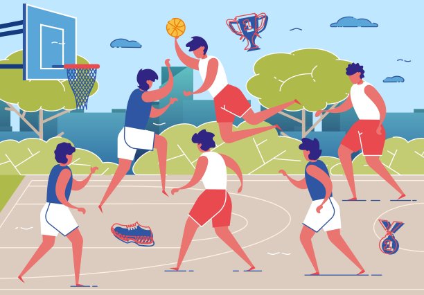 篮球运动员在球场上玩球。