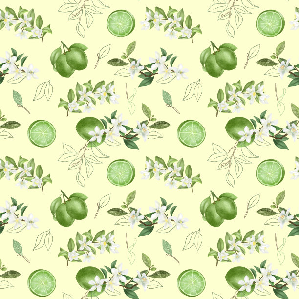 无缝模式与手绘盛开的酸橙树枝和酸橙在黄色的背景