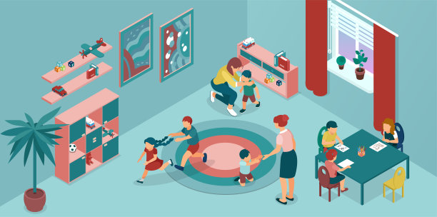 向量的一个日托中心，幼儿园与老师和孩子们玩耍和绘画