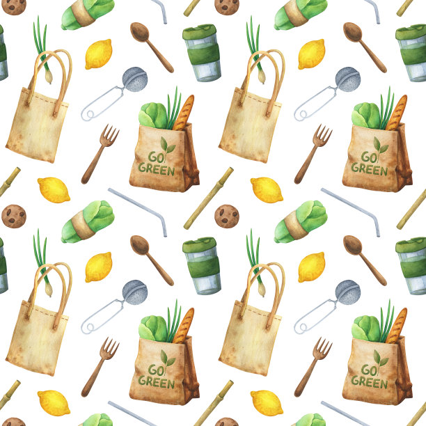 环保无缝模式。以生态可重复使用物品为背景。水彩插图:热水瓶，饭盒，饮水管，袋子，蔬菜，梳子，天然肥皂，丝瓜络。生活方式“零浪费”。
