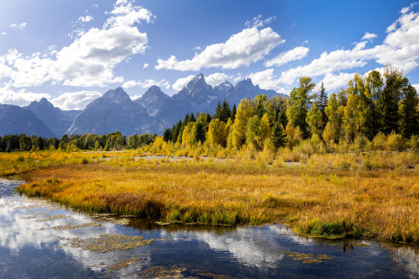 从Schwabacher Landing on the Snake River眺望大提顿山脉。大提顿国家公园，怀俄明州，美国。