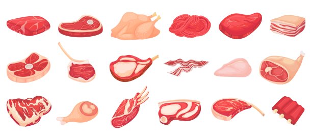 卡通生肉。熏肉、牛排和牛肉末。排骨，鸡胸肉和猪腰肉向量集
