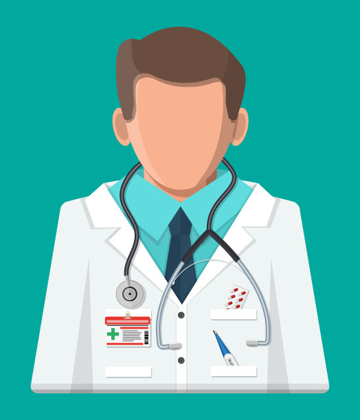 身穿白大褂，带听诊器的医生。