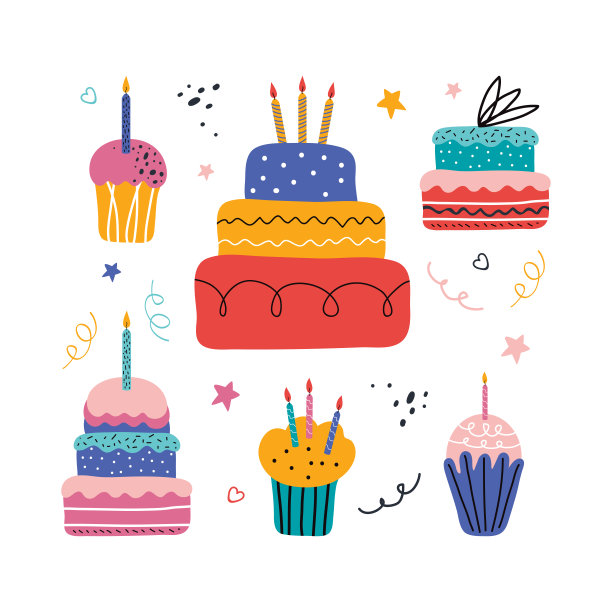 节日快乐奶油蛋糕与蜡烛向量组。假日烹饪图标在一个扁平的风格装饰，纪念日，婚礼，生日，孩子的聚会。甜糕点，松饼，纸杯蛋糕