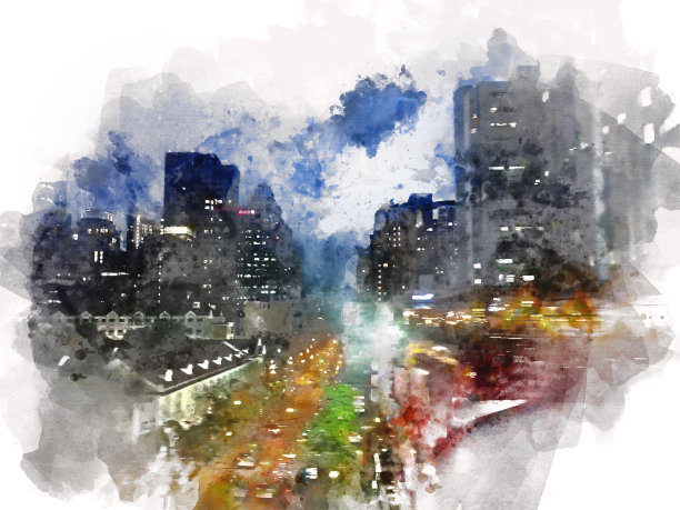 抽象色彩的办公大楼在夜间以水彩插画为背景。