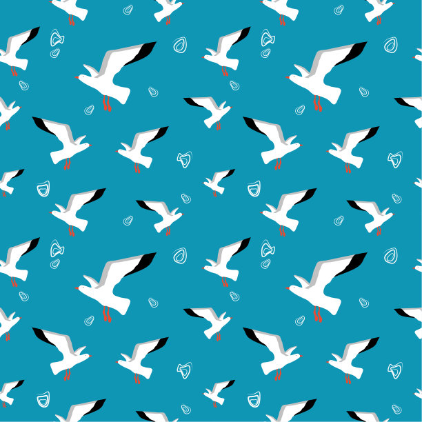 无缝图案:海鸥和涂鸦在蓝色的背景。