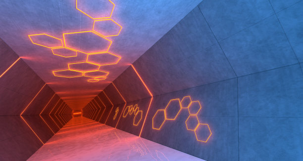 六边形霓虹灯照亮的空隧道