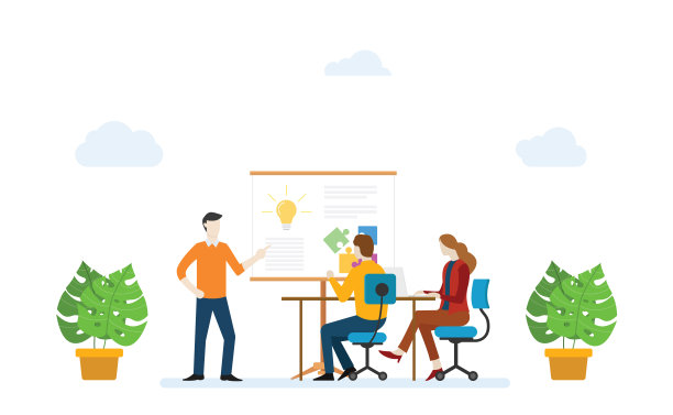 员工培训理念，学员和新员工一起学习，现代扁平风格