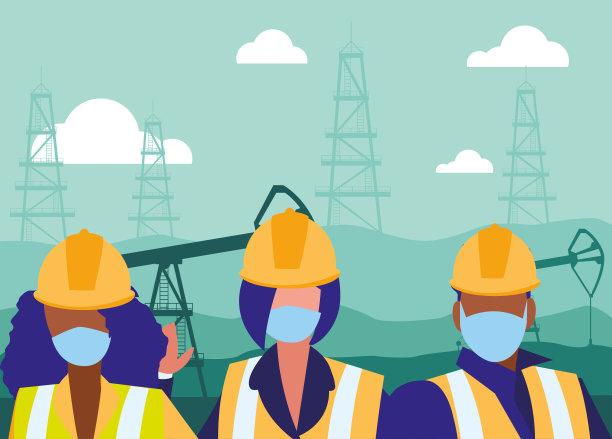 工业工人戴口罩工作