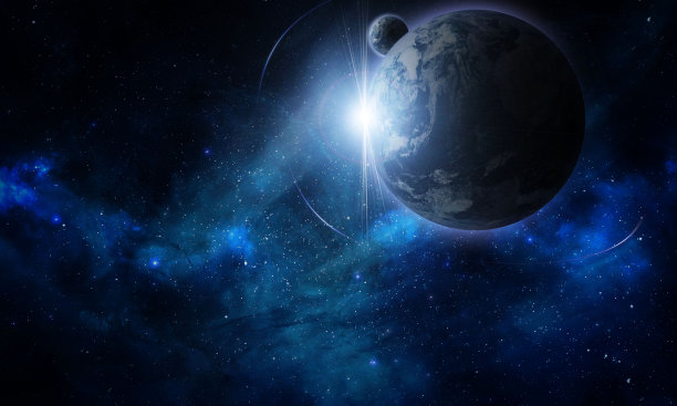 抽象的空间插图，三维图像，行星在空间中恒星的光芒