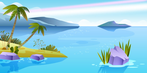 夏季热带景观有海洋，岩石，岛屿，棕榈树，灌木丛。水平天堂观在卡通平面风格。
