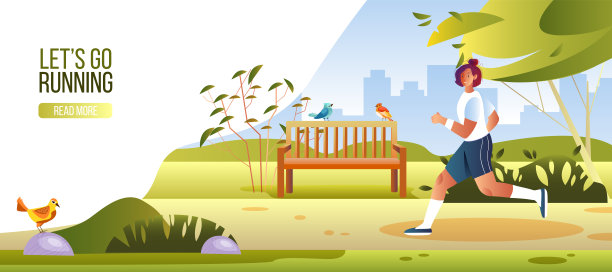 让我们去跑步横幅上的健康女性角色在城市公园慢跑。