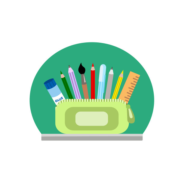 文具盒和办公用品。矢量插图。
