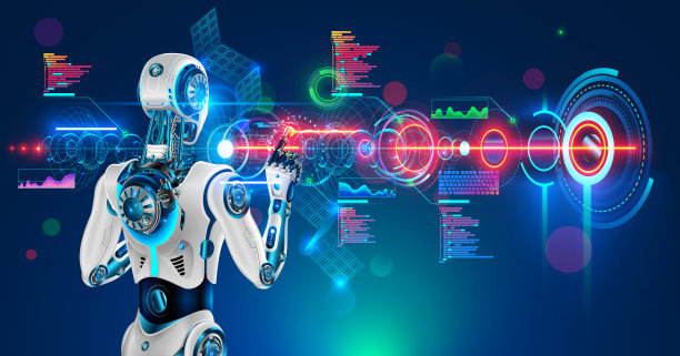 使用抽象技术全息图界面的机器人或人形半机械人。未来AI在工业4.0开发工业虚拟图纸细节。仿人机器人后视图看屏幕。