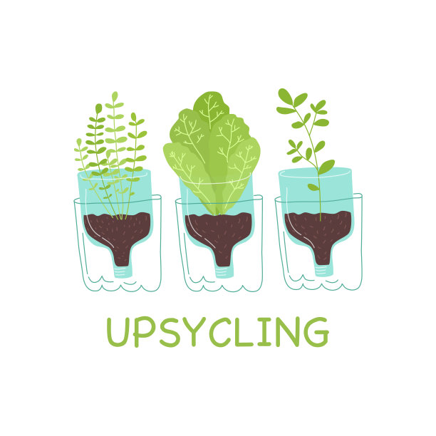 用塑料瓶做成的盆里的绿色植物。零浪费，升级改造，再利用，盆栽创作。垂直园艺的概念。彩色矢量插图孤立在白色背景
