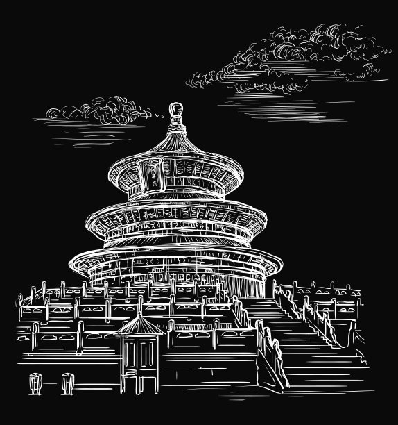 黑色中国手绘地标