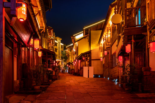 中国重庆古镇街道夜景