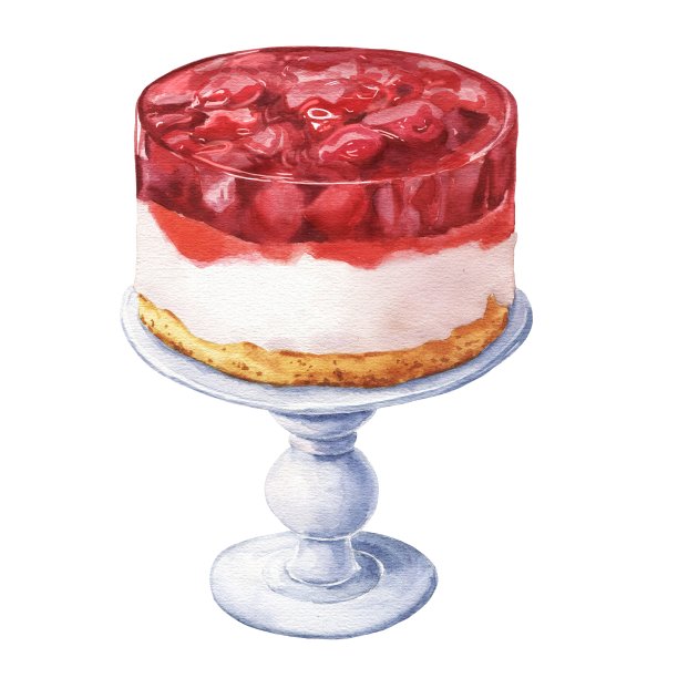 水彩草莓蛋糕孤立的白色背景。手绘美食插画。