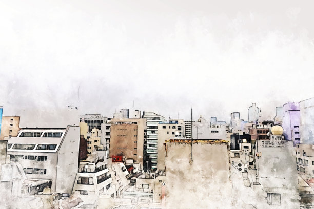 以城市抽象的色彩建筑为背景绘制水彩插画。