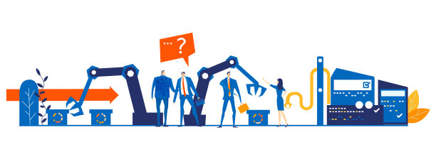 商人检查工厂。商务人士站在生产线旁，看着机器手臂工作。