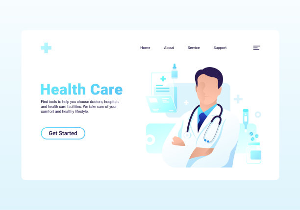 善良的医生治疗师与听诊器，药物和温度计。抽象矢量插图与医疗图标和元素的网页横幅或打印