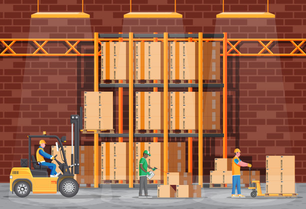 仓库的架子上有箱子和搬运工