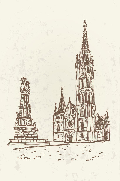 匈牙利布达佩斯圣马提亚教堂的矢量草图。