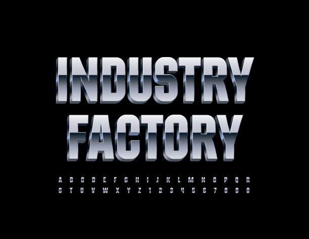 矢量铬旗帜工业工厂。3D金属字母和数字集