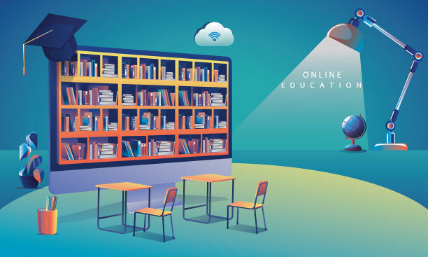 在线教育应用学习全球计算机，移动网站背景。社会距离概念书讲座铅笔。课堂培训课程，图书馆矢量插图平面设计