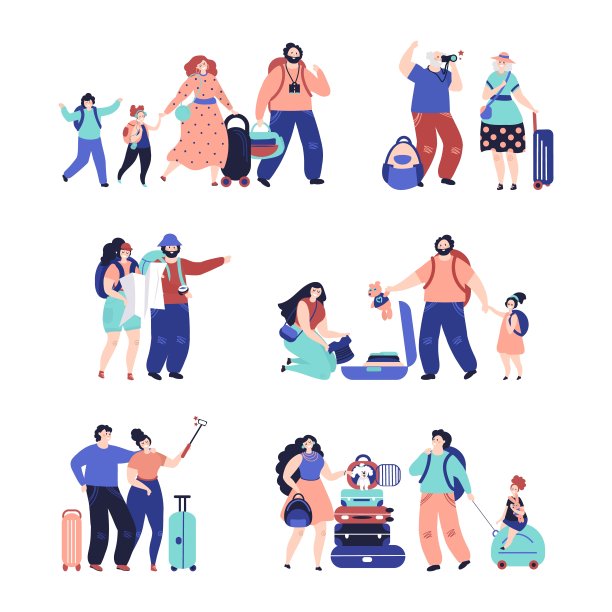 旅游的人。旅行情侣，带着行李的孤独旅行者。度假的人自拍，幸福的家庭与体面的手提箱矢量字符