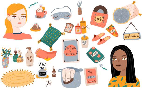 舒适的家庭元素设置在白色背景。斯堪的纳维亚的生活方式hygge象征着自我照顾和慢生活。室内物品的涂鸦收藏