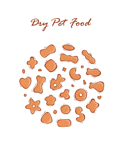 宠物商店向量集。干燥的宠物食品。手绘涂鸦猫粮或狗粮