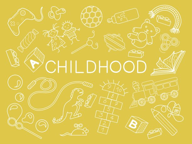 与童年有关的物品。孤立在黄风上。玩具，构造器，铅笔，图画，立方体，泡泡，火车，彩虹，鼠标，糖果，操纵杆，球。矢量插图的书。孩子们的生活。