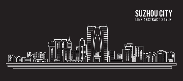 苏州城市景观建筑线条艺术矢量插画设计